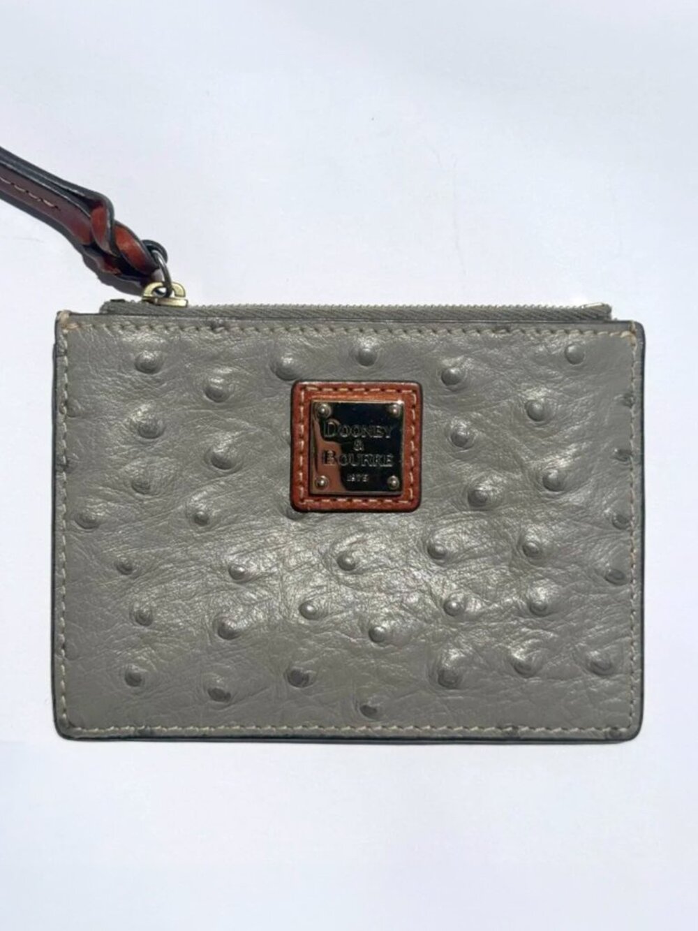 Dooney & Bourke Grey Ostrich-Embossed Zip Card Case with Gold Plaque